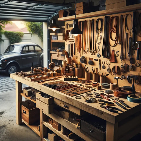 Oficina artesanal bem organizada com uma variedade de ferramentas, cordões, contas e peças de joalheria em um painel de madeira e mesa de trabalho, com um carro vintage ao fundo em uma garagem iluminada.