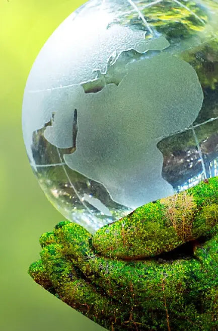 Mão coberta de musgo segurando uma esfera de vidro transparente que reflete o mapa do mundo, destacando-se contra um fundo desfocado com tons vibrantes de verde, simbolizando a sustentabilidade do planeta.